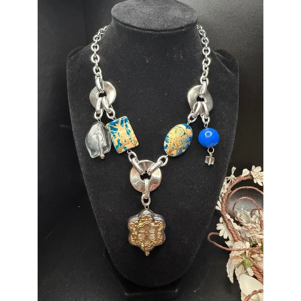 Silver Tone Mixed Media Statement Necklace Marbled Beads Artisan Boho Chunky